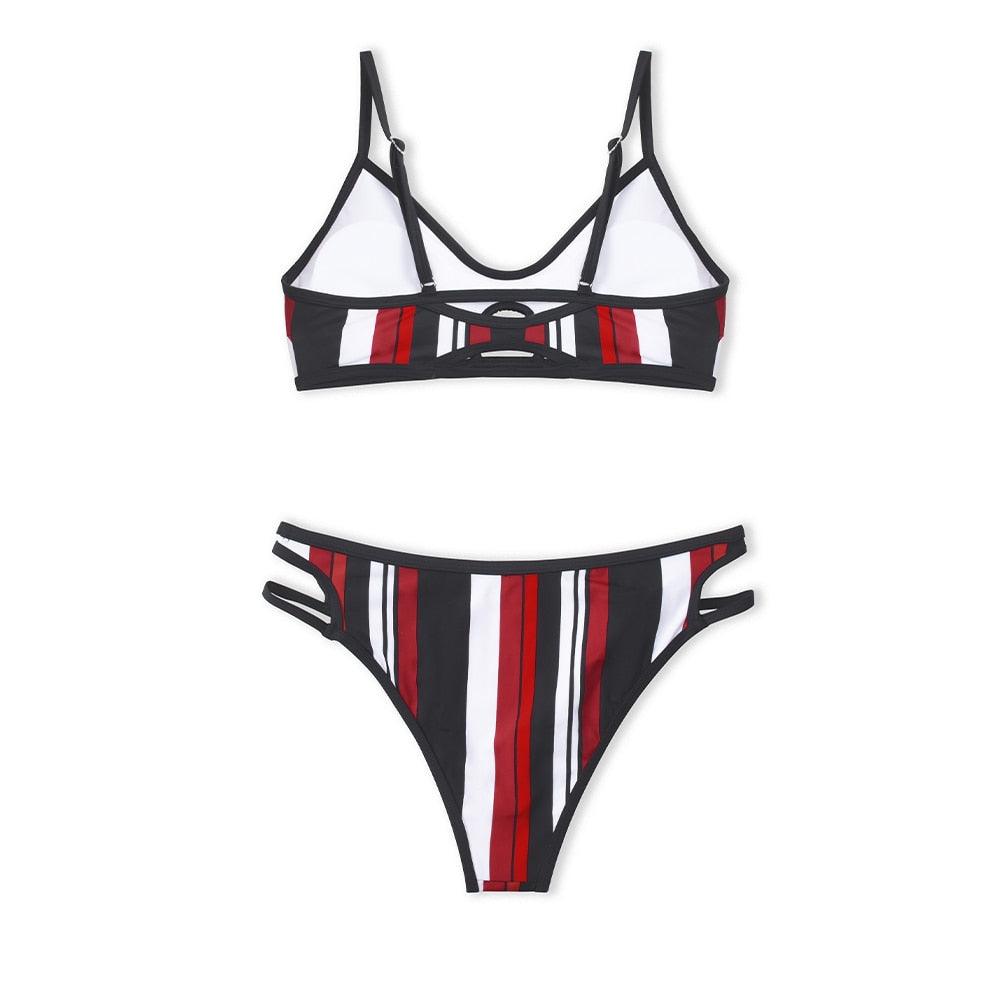 Fashion Blue White Women Striped Bikini Sets Swimsuit Women Halter Top Bikini High Waist Bathing Suits Bandage Two Piece Swimsuit Two Pieces Swimwear Women Summer Beach Adjustable Bathing Suit