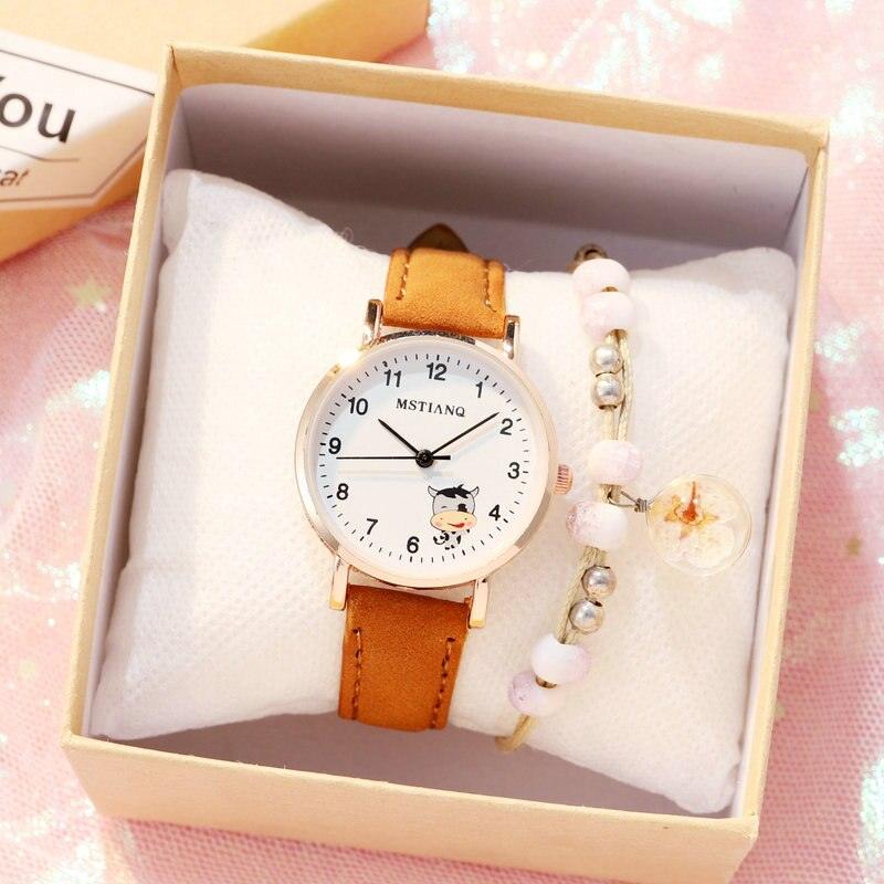 Fashion Childrens Set Bracelet Watch Student Watch Girl Leather Strap Quartz Watch Leather Strap Quartz Watch Children Set Bracelet Watch Leather Band Luxury Quartz Wristwatch