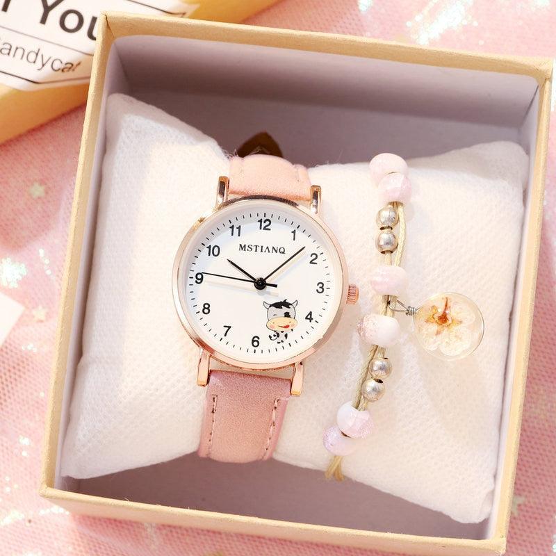 Fashion Childrens Set Bracelet Watch Student Watch Girl Leather Strap Quartz Watch Leather Strap Quartz Watch Children Set Bracelet Watch Leather Band Luxury Quartz Wristwatch