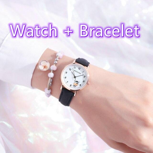 Fashion Childrens Set Bracelet Watch Student Watch Girl Leather Strap Quartz Watch Leather Strap Quartz Watch Children Set Bracelet Watch Leather Band Luxury Quartz Wristwatch