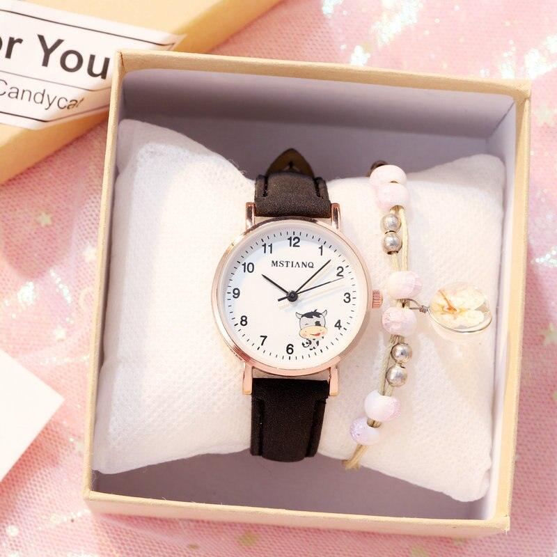 Fashion Childrens Set Bracelet Watch Student Watch Girl Leather Strap Quartz Watch Leather Strap Quartz Watch Children Set Bracelet Watch Leather Band Luxury Quartz Wristwatch