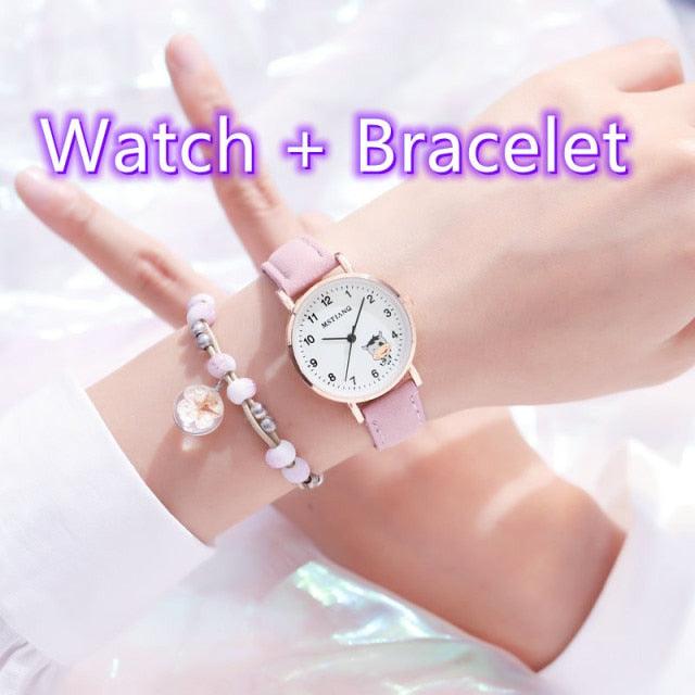 Fashion Childrens Set Bracelet Watch Student Watch Girl Leather Strap Quartz Watch Leather Strap Quartz Watch Children Set Bracelet Watch Leather Band Luxury Quartz Wristwatch