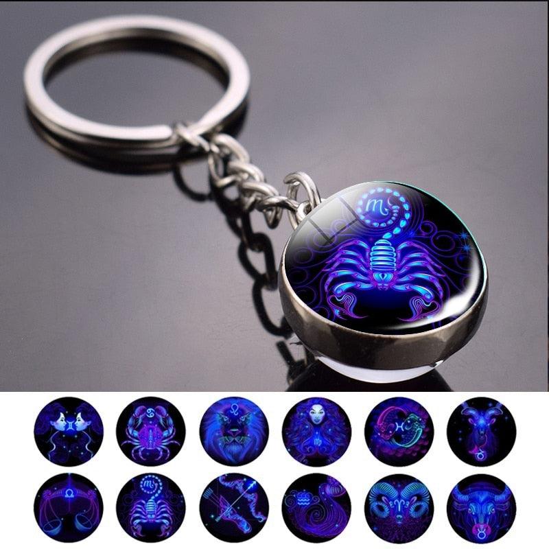 Fashion Constellation Double Side Glass Ball Keychain Zodiac Signs Aquarius Pisces Aries Taurus Gemini Cancer Leo Virgo Libra Scorpio Constellation Glass Ball Keychain Jewelry For Men Women