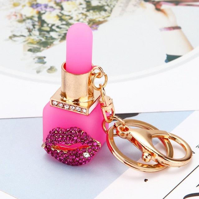 Fashion Creative Rhinestone Personality Lipstick Bag Car Keychain Female Schoolbag Pendant Metal Keychain Ring Gift Crystal Lipstick Makeup Keyring Rhinestone Purse Bag Charm Pendant Keychain