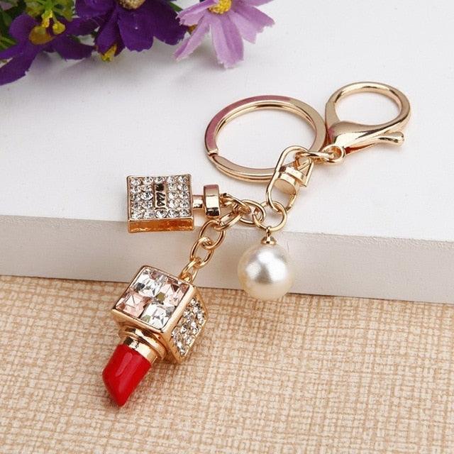 Fashion Creative Rhinestone Personality Lipstick Bag Car Keychain Female Schoolbag Pendant Metal Keychain Ring Gift Crystal Lipstick Makeup Keyring Rhinestone Purse Bag Charm Pendant Keychain