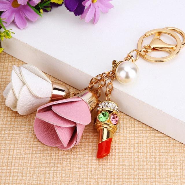 Fashion Creative Rhinestone Personality Lipstick Bag Car Keychain Female Schoolbag Pendant Metal Keychain Ring Gift Crystal Lipstick Makeup Keyring Rhinestone Purse Bag Charm Pendant Keychain