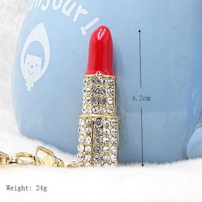 Fashion Creative Rhinestone Personality Lipstick Bag Car Keychain Female Schoolbag Pendant Metal Keychain Ring Gift Crystal Lipstick Makeup Keyring Rhinestone Purse Bag Charm Pendant Keychain