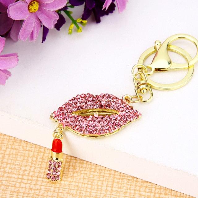 Fashion Creative Rhinestone Personality Lipstick Bag Car Keychain Female Schoolbag Pendant Metal Keychain Ring Gift Crystal Lipstick Makeup Keyring Rhinestone Purse Bag Charm Pendant Keychain