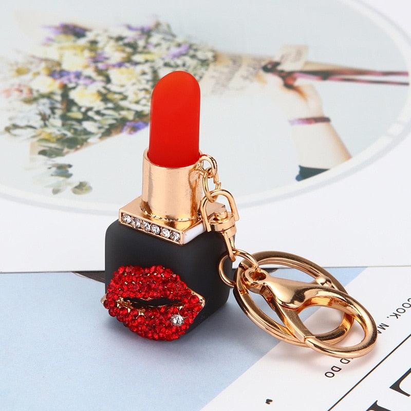 Fashion Creative Rhinestone Personality Lipstick Bag Car Keychain Female Schoolbag Pendant Metal Keychain Ring Gift Crystal Lipstick Makeup Keyring Rhinestone Purse Bag Charm Pendant Keychain