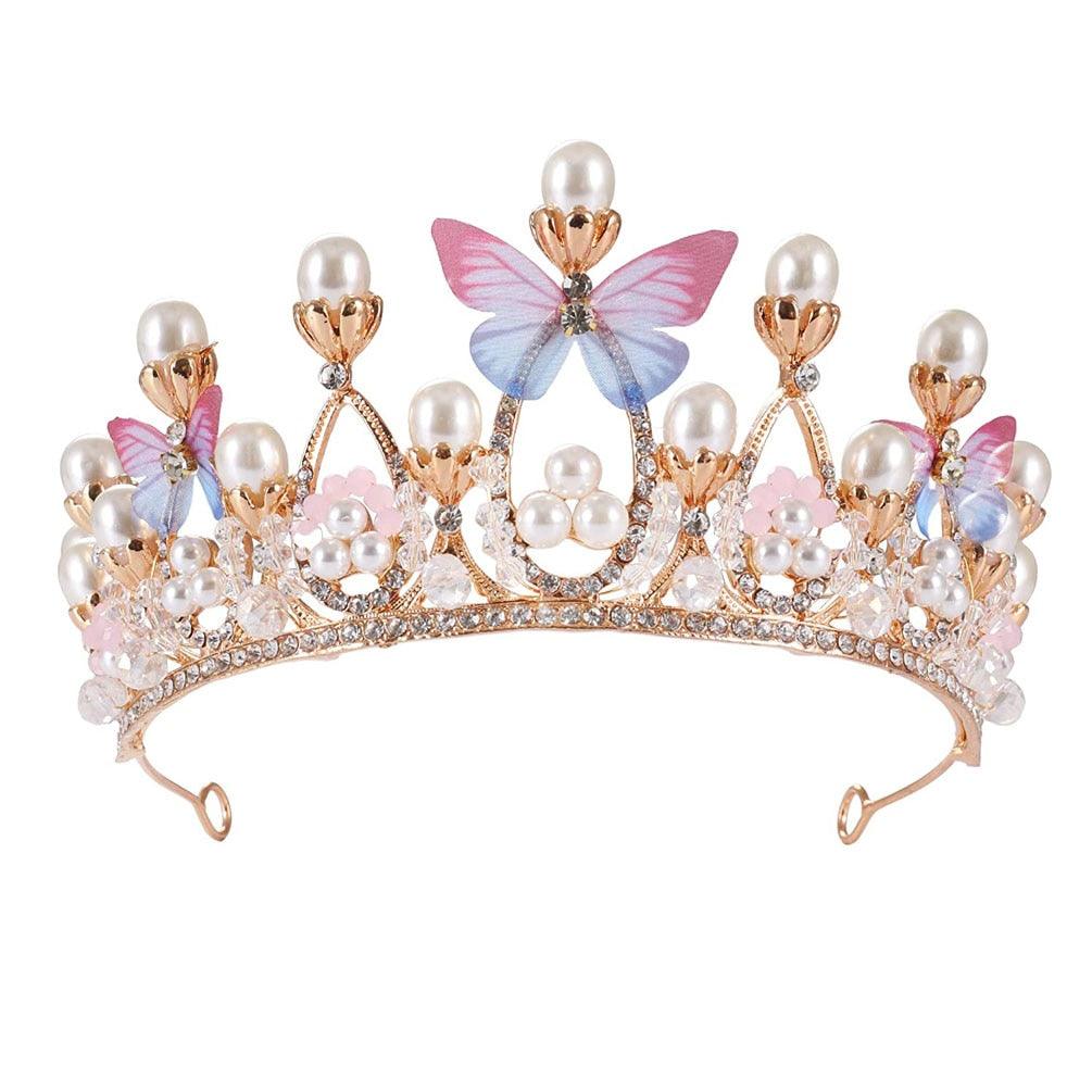 Fashion Crystal Princess Crown Rhinestone Tiara for Girl Birthday Wedding Model  Queen Crown Pearl Butterfly Hair Jewelry Handmade Rose Gold Crown with Pearl Crystal Princess Crown for Girls Birthday Wedding Party Prom