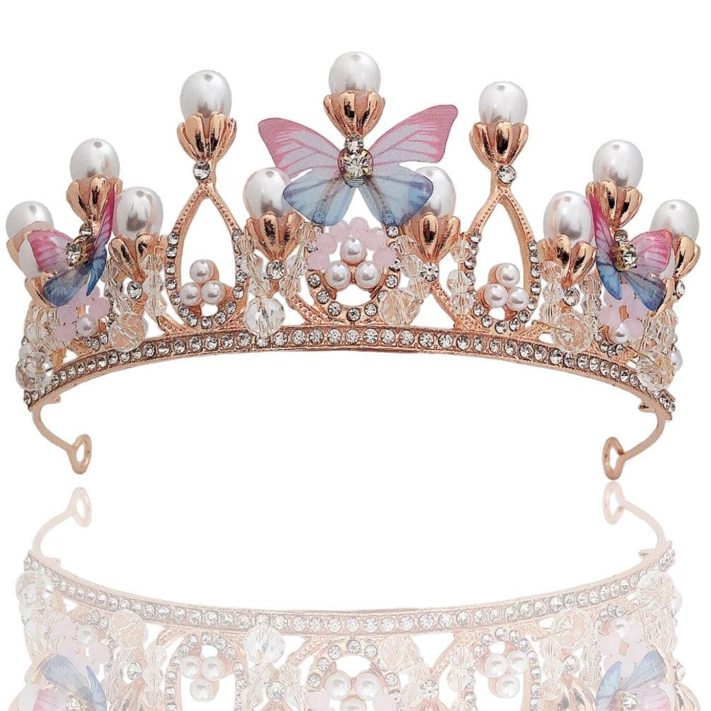 Fashion Crystal Princess Crown Rhinestone Tiara for Girl Birthday Wedding Model  Queen Crown Pearl Butterfly Hair Jewelry Handmade Rose Gold Crown with Pearl Crystal Princess Crown for Girls Birthday Wedding Party Prom