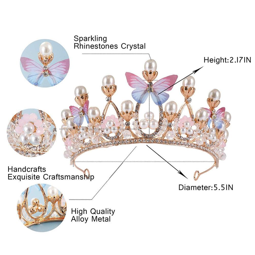 Fashion Crystal Princess Crown Rhinestone Tiara for Girl Birthday Wedding Model  Queen Crown Pearl Butterfly Hair Jewelry Handmade Rose Gold Crown with Pearl Crystal Princess Crown for Girls Birthday Wedding Party Prom