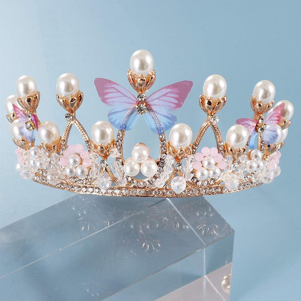 Fashion Crystal Princess Crown Rhinestone Tiara for Girl Birthday Wedding Model  Queen Crown Pearl Butterfly Hair Jewelry Handmade Rose Gold Crown with Pearl Crystal Princess Crown for Girls Birthday Wedding Party Prom