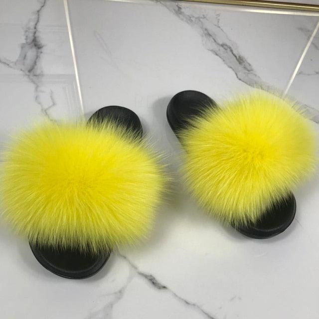 Fashion Fox Fur Slippers Women Home Fluffy Comfort Summer Flats Sweet Shoes Indoor Flip Flops Fur Slides Elegant Sandals Lightweight House Slippers Fuzzy Band Slip On Open Toe Slippers