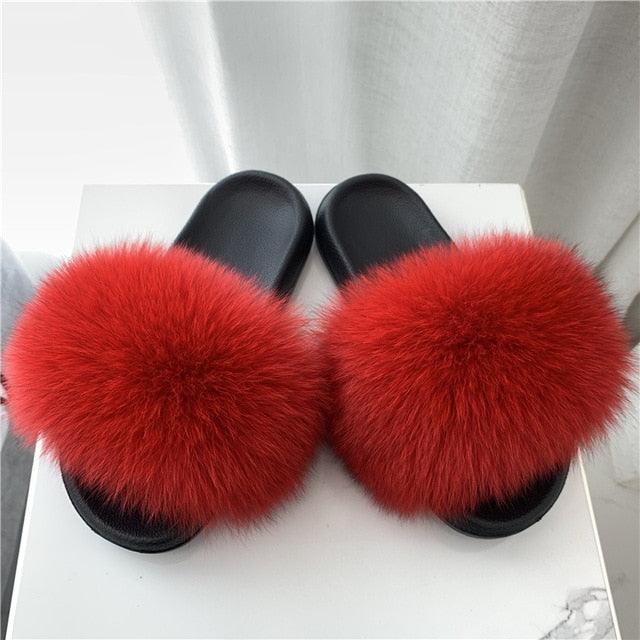 Fashion Fox Fur Slippers Women Home Fluffy Comfort Summer Flats Sweet Shoes Indoor Flip Flops Fur Slides Elegant Sandals Lightweight House Slippers Fuzzy Band Slip On Open Toe Slippers