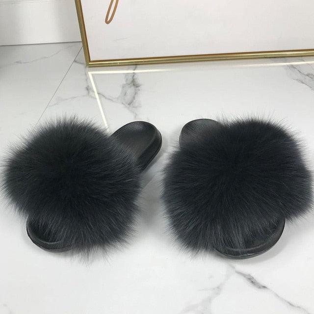 Fashion Fox Fur Slippers Women Home Fluffy Comfort Summer Flats Sweet Shoes Indoor Flip Flops Fur Slides Elegant Sandals Lightweight House Slippers Fuzzy Band Slip On Open Toe Slippers