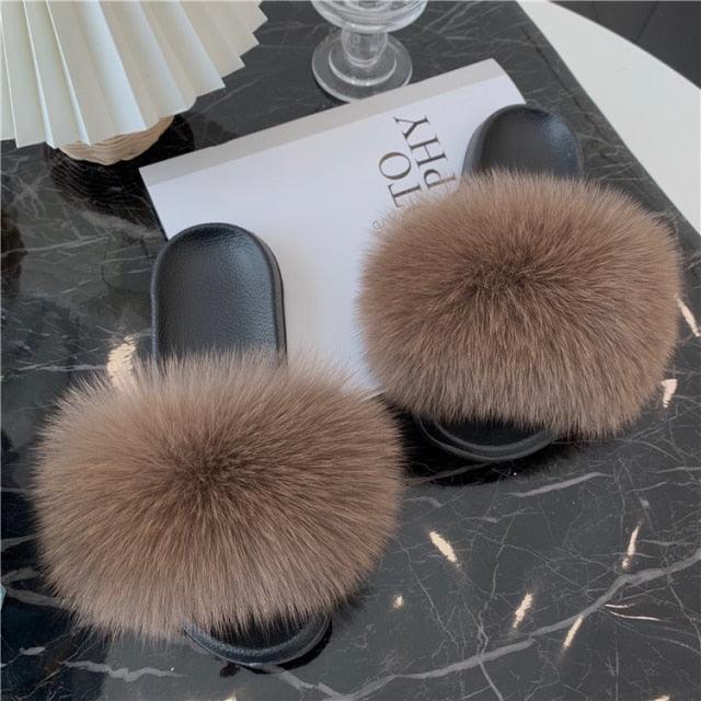 Fashion Fox Fur Slippers Women Home Fluffy Comfort Summer Flats Sweet Shoes Indoor Flip Flops Fur Slides Elegant Sandals Lightweight House Slippers Fuzzy Band Slip On Open Toe Slippers