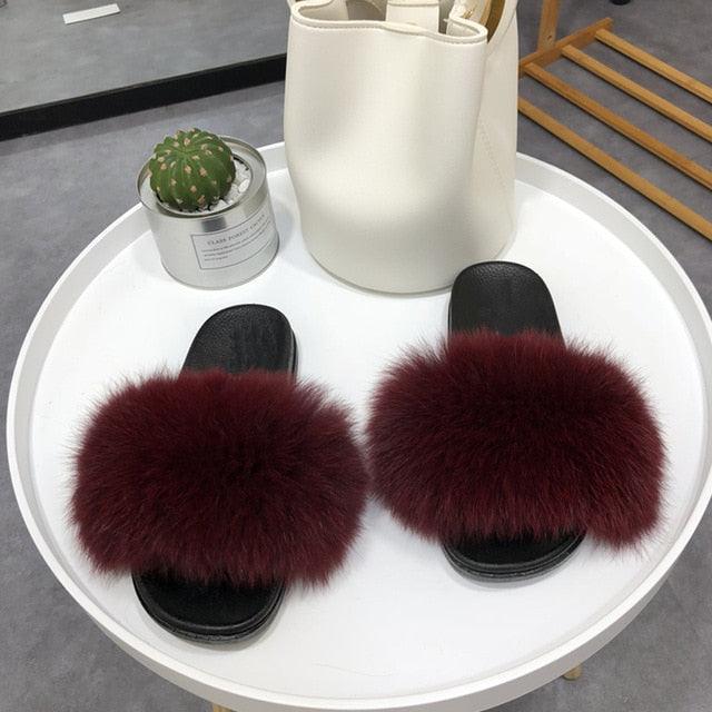 Fashion Fox Fur Slippers Women Home Fluffy Comfort Summer Flats Sweet Shoes Indoor Flip Flops Fur Slides Elegant Sandals Lightweight House Slippers Fuzzy Band Slip On Open Toe Slippers