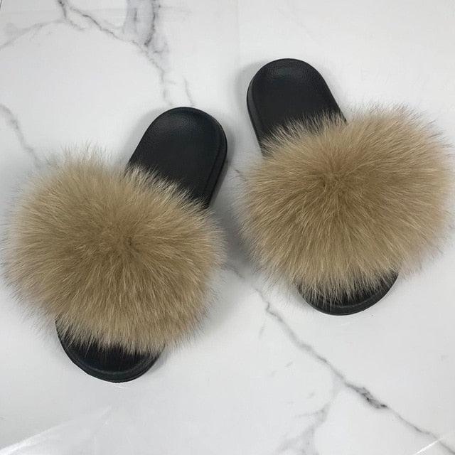 Fashion Fox Fur Slippers Women Home Fluffy Comfort Summer Flats Sweet Shoes Indoor Flip Flops Fur Slides Elegant Sandals Lightweight House Slippers Fuzzy Band Slip On Open Toe Slippers