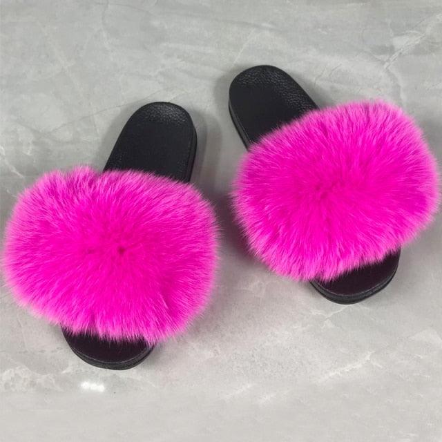 Fashion Fox Fur Slippers Women Home Fluffy Comfort Summer Flats Sweet Shoes Indoor Flip Flops Fur Slides Elegant Sandals Lightweight House Slippers Fuzzy Band Slip On Open Toe Slippers