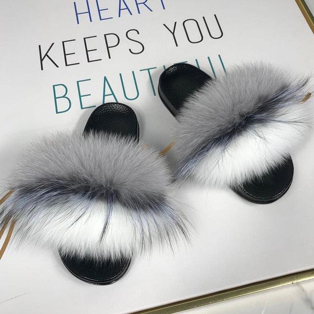 Fashion Fox Fur Slippers Women Home Fluffy Comfort Summer Flats Sweet Shoes Indoor Flip Flops Fur Slides Elegant Sandals Lightweight House Slippers Fuzzy Band Slip On Open Toe Slippers