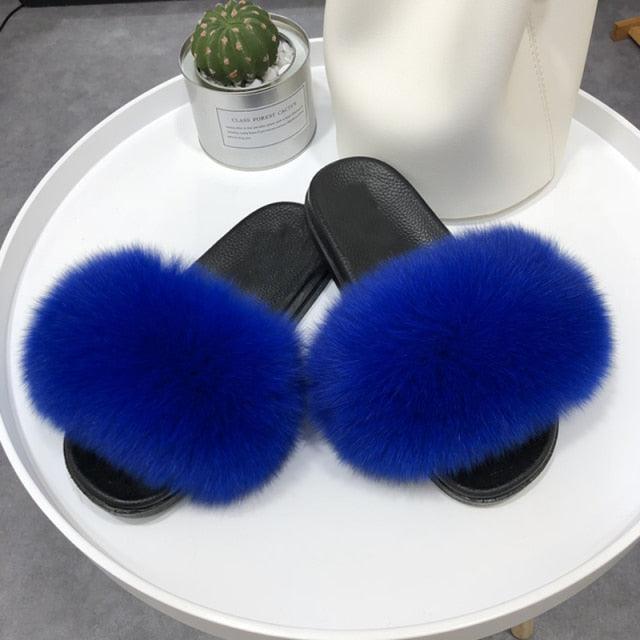 Fashion Fox Fur Slippers Women Home Fluffy Comfort Summer Flats Sweet Shoes Indoor Flip Flops Fur Slides Elegant Sandals Lightweight House Slippers Fuzzy Band Slip On Open Toe Slippers