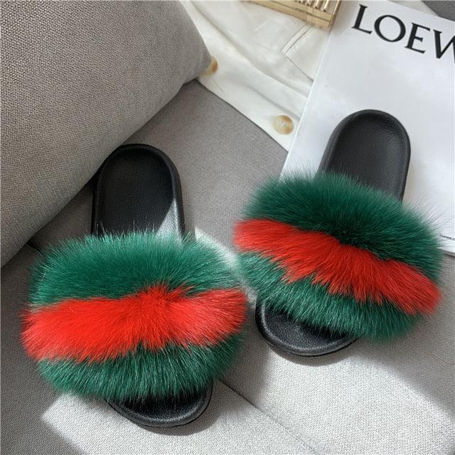 Fashion Fox Fur Slippers Women Home Fluffy Comfort Summer Flats Sweet Shoes Indoor Flip Flops Fur Slides Elegant Sandals Lightweight House Slippers Fuzzy Band Slip On Open Toe Slippers