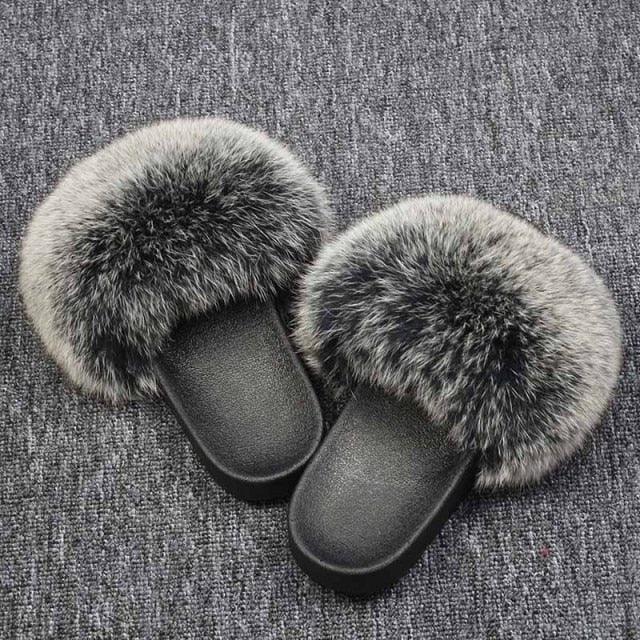 Fashion Fox Fur Slippers Women Home Fluffy Comfort Summer Flats Sweet Shoes Indoor Flip Flops Fur Slides Elegant Sandals Lightweight House Slippers Fuzzy Band Slip On Open Toe Slippers