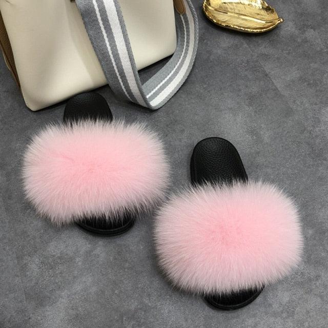 Fashion Fox Fur Slippers Women Home Fluffy Comfort Summer Flats Sweet Shoes Indoor Flip Flops Fur Slides Elegant Sandals Lightweight House Slippers Fuzzy Band Slip On Open Toe Slippers