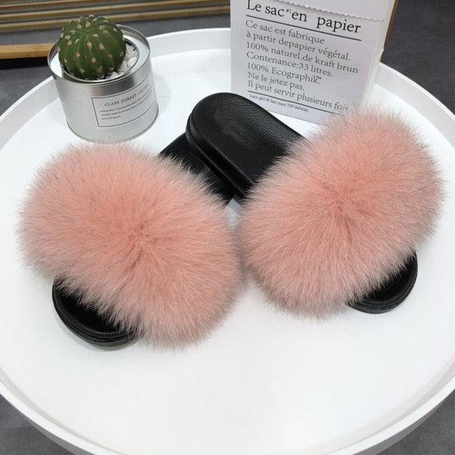 Fashion Fox Fur Slippers Women Home Fluffy Comfort Summer Flats Sweet Shoes Indoor Flip Flops Fur Slides Elegant Sandals Lightweight House Slippers Fuzzy Band Slip On Open Toe Slippers