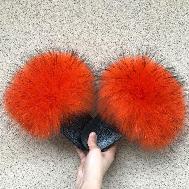 Fashion Fox Fur Slippers Women Home Fluffy Comfort Summer Flats Sweet Shoes Indoor Flip Flops Fur Slides Elegant Sandals Lightweight House Slippers Fuzzy Band Slip On Open Toe Slippers