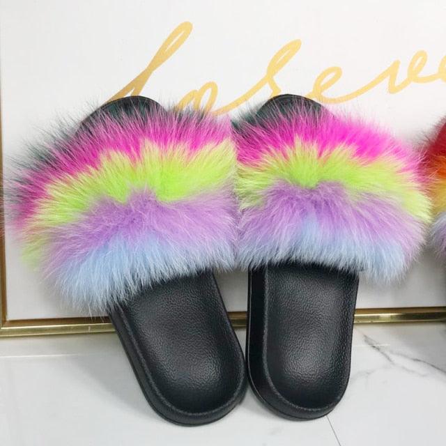 Fashion Fox Fur Slippers Women Home Fluffy Comfort Summer Flats Sweet Shoes Indoor Flip Flops Fur Slides Elegant Sandals Lightweight House Slippers Fuzzy Band Slip On Open Toe Slippers