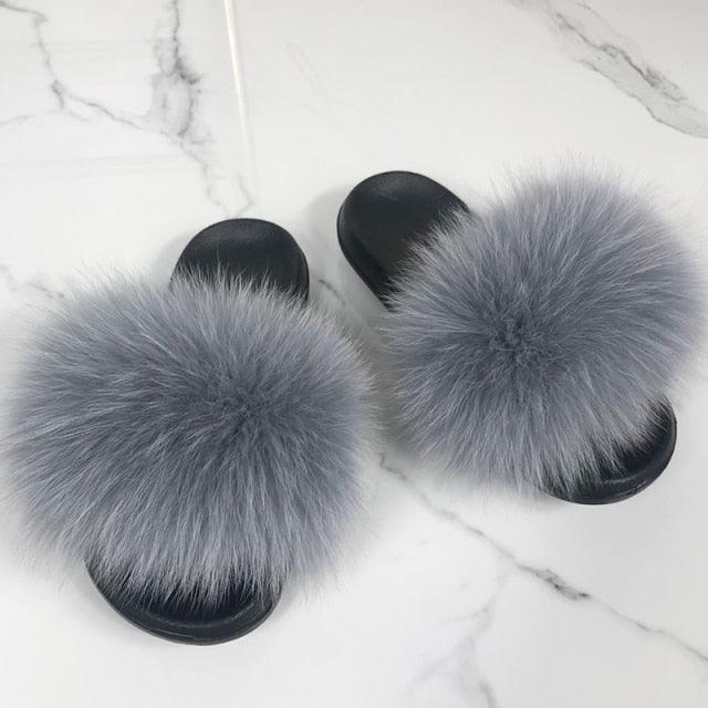 Fashion Fox Fur Slippers Women Home Fluffy Comfort Summer Flats Sweet Shoes Indoor Flip Flops Fur Slides Elegant Sandals Lightweight House Slippers Fuzzy Band Slip On Open Toe Slippers