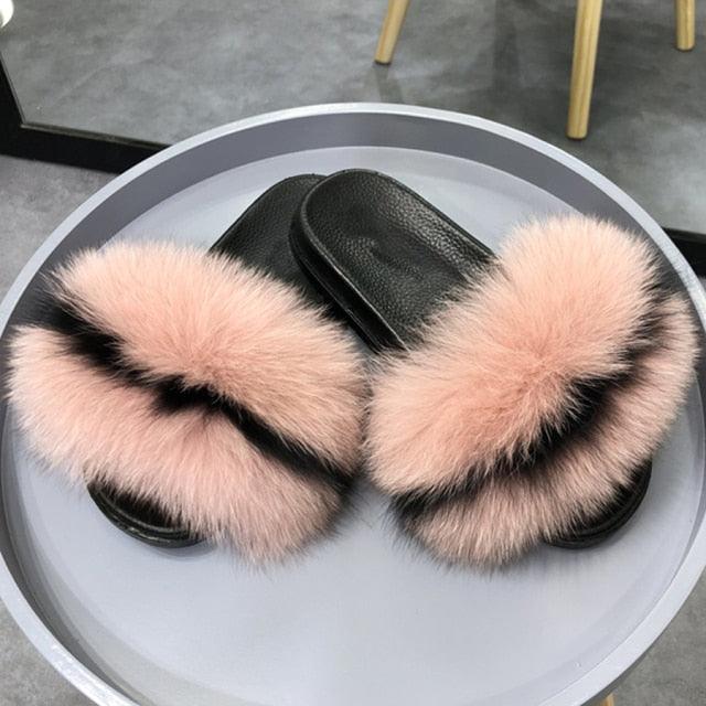 Fashion Fox Fur Slippers Women Home Fluffy Comfort Summer Flats Sweet Shoes Indoor Flip Flops Fur Slides Elegant Sandals Lightweight House Slippers Fuzzy Band Slip On Open Toe Slippers