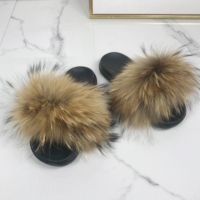 Fashion Fox Fur Slippers Women Home Fluffy Comfort Summer Flats Sweet Shoes Indoor Flip Flops Fur Slides Elegant Sandals Lightweight House Slippers Fuzzy Band Slip On Open Toe Slippers