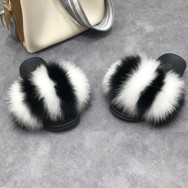 Fashion Fox Fur Slippers Women Home Fluffy Comfort Summer Flats Sweet Shoes Indoor Flip Flops Fur Slides Elegant Sandals Lightweight House Slippers Fuzzy Band Slip On Open Toe Slippers