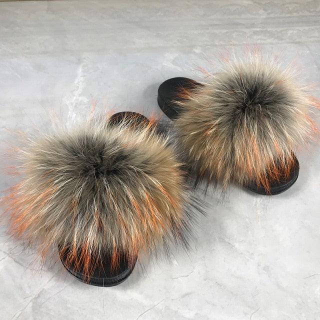 Fashion Fox Fur Slippers Women Home Fluffy Comfort Summer Flats Sweet Shoes Indoor Flip Flops Fur Slides Elegant Sandals Lightweight House Slippers Fuzzy Band Slip On Open Toe Slippers