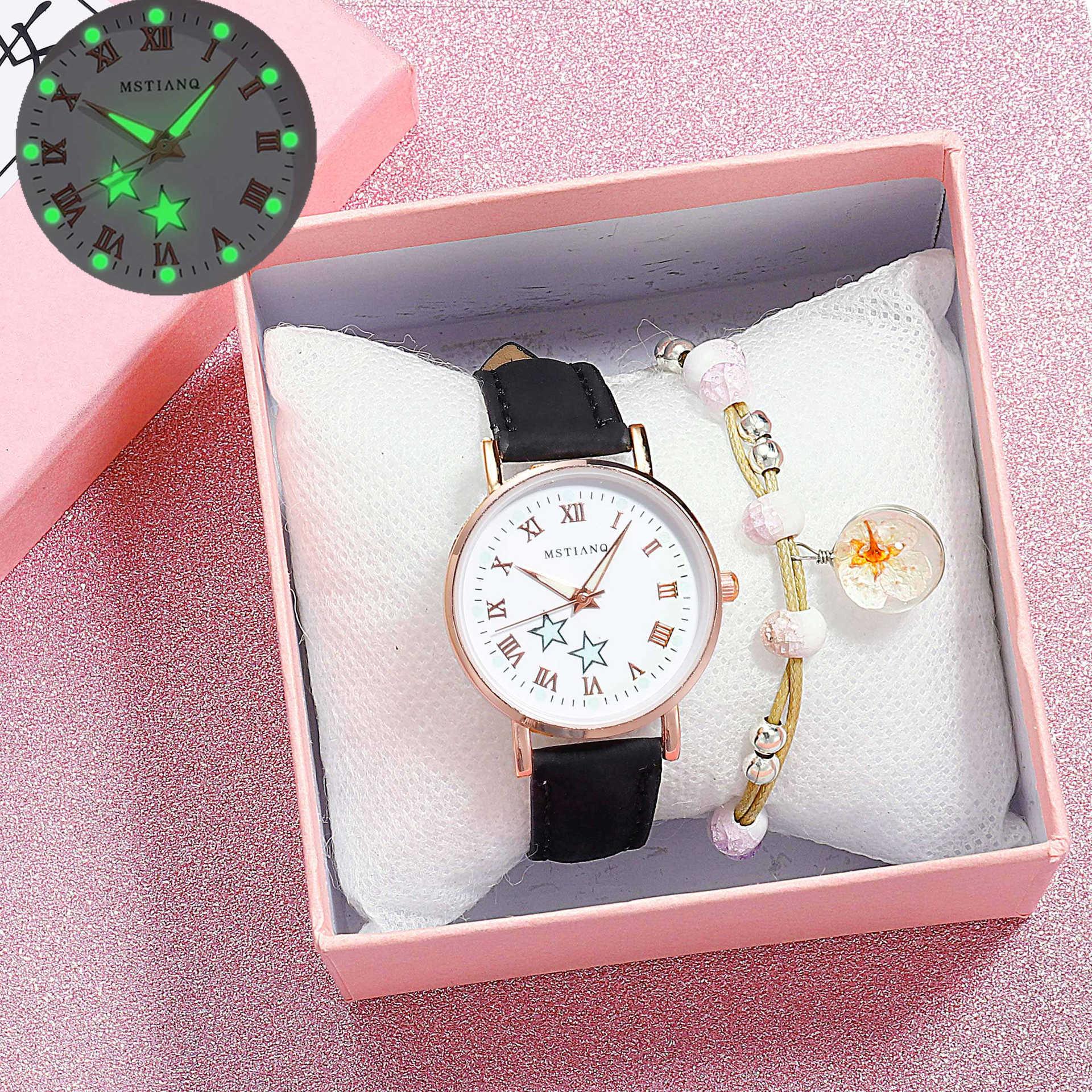 Fashion Girls Quartz Watches Bracelet Set Luminous Dial Watch Women Casual Leather Female Wrist Watch Leather Band Thin Minimalist Casual Simple Dress Quartz Analog Watch