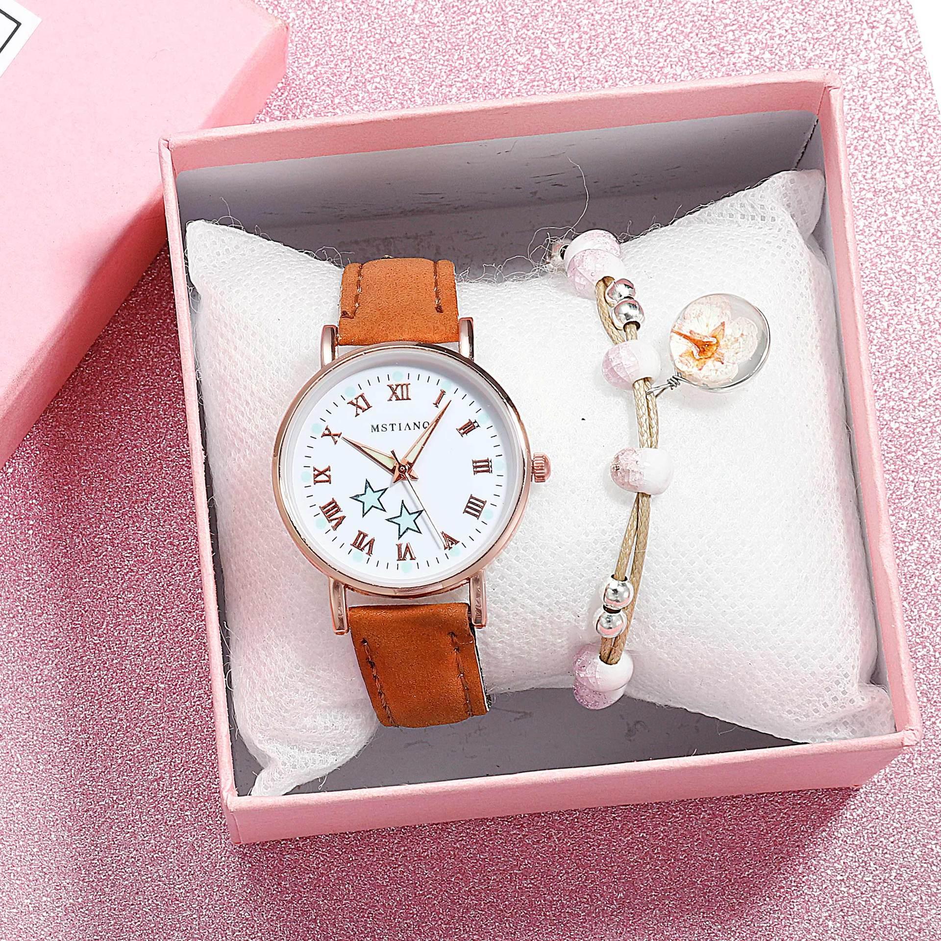 Fashion Girls Quartz Watches Bracelet Set Luminous Dial Watch Women Casual Leather Female Wrist Watch Leather Band Thin Minimalist Casual Simple Dress Quartz Analog Watch