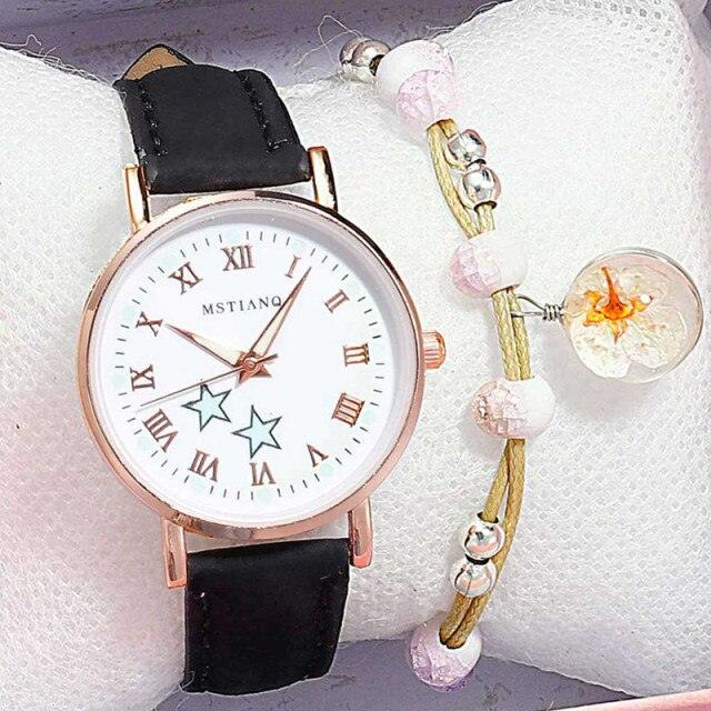 Fashion Girls Quartz Watches Bracelet Set Luminous Dial Watch Women Casual Leather Female Wrist Watch Leather Band Thin Minimalist Casual Simple Dress Quartz Analog Watch