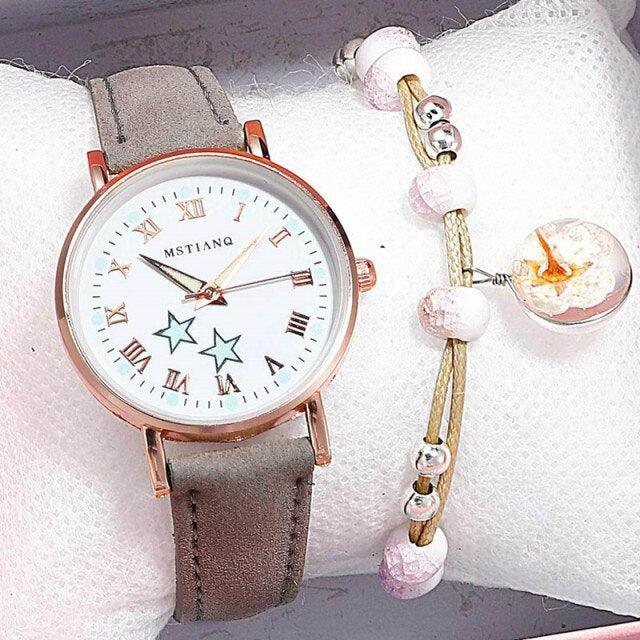 Fashion Girls Quartz Watches Bracelet Set Luminous Dial Watch Women Casual Leather Female Wrist Watch Leather Band Thin Minimalist Casual Simple Dress Quartz Analog Watch