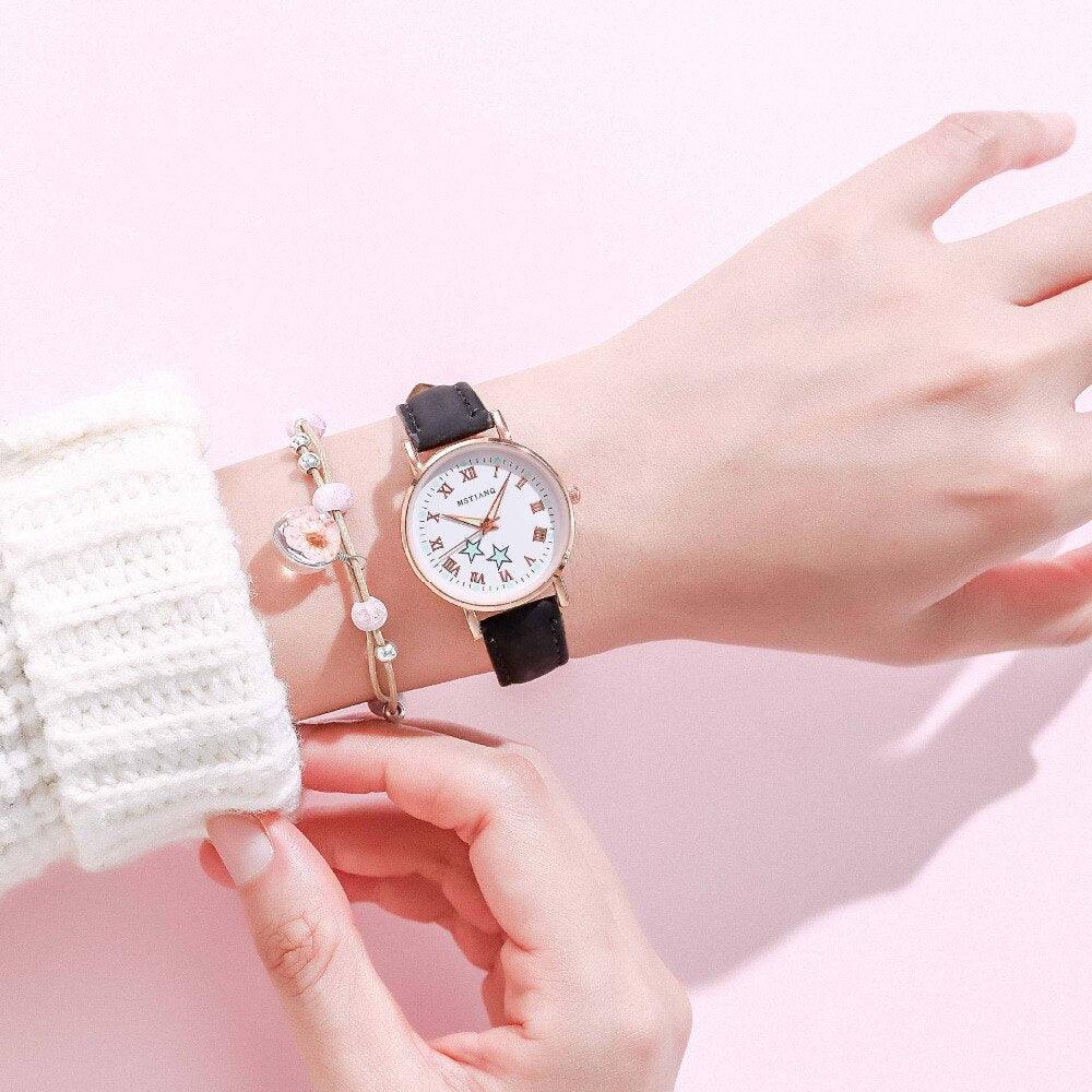 Fashion Girls Quartz Watches Bracelet Set Luminous Dial Watch Women Casual Leather Female Wrist Watch Leather Band Thin Minimalist Casual Simple Dress Quartz Analog Watch