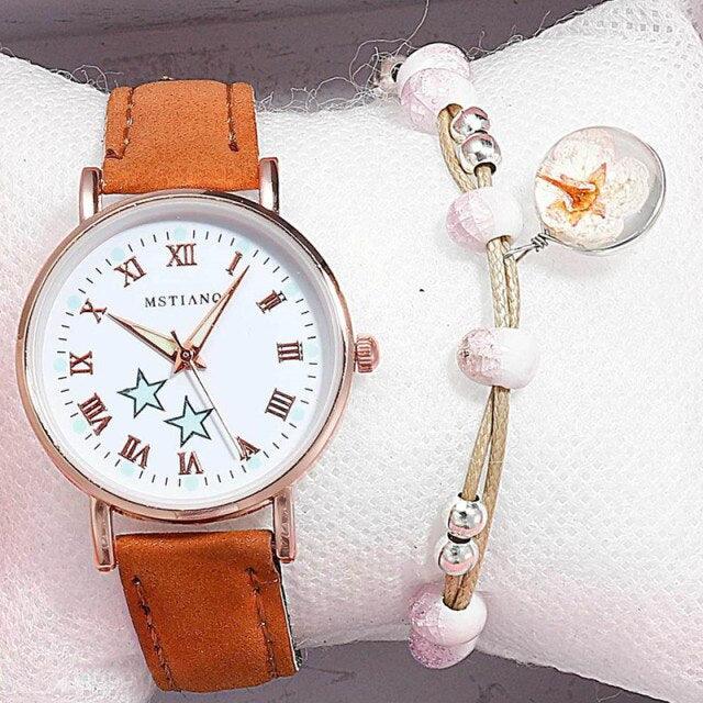 Fashion Girls Quartz Watches Bracelet Set Luminous Dial Watch Women Casual Leather Female Wrist Watch Leather Band Thin Minimalist Casual Simple Dress Quartz Analog Watch