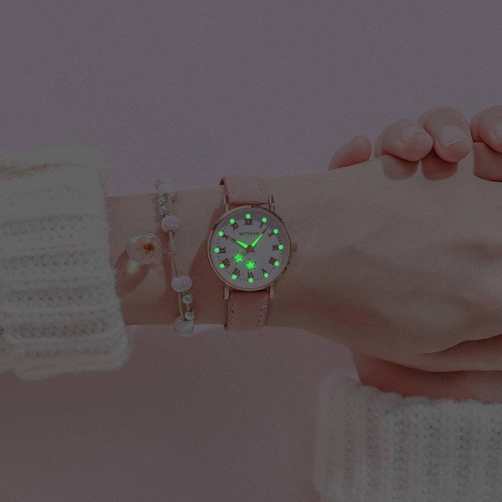 Fashion Girls Quartz Watches Bracelet Set Luminous Dial Watch Women Casual Leather Female Wrist Watch Leather Band Thin Minimalist Casual Simple Dress Quartz Analog Watch