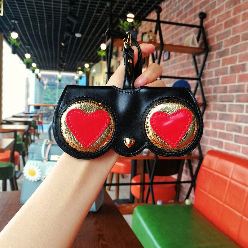 Fashion Glasses Case Cartoon Fashion Women Leather Sun Box Eyeglass Sunglasses Cute Protection Eyewear Bag Leather Sunglasses Case Holder Eyeglasses Portable Glasses Pouch With Hook Strap For Handbag Purse Women Girls