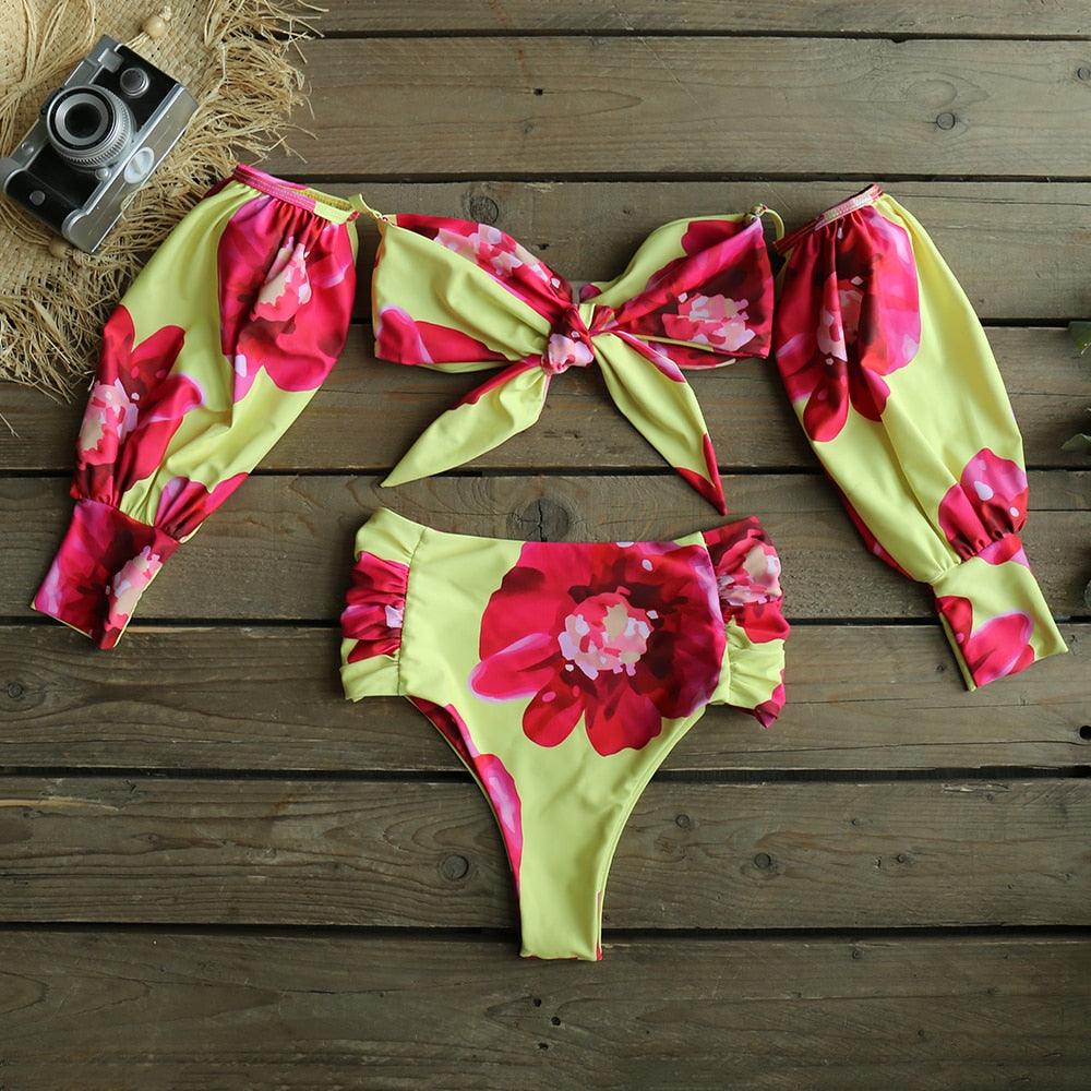 Fashion High Waist Bikini New Long Sleeve Swimsuit Floral Long Sleeve Tie Side 2-Pieces Swimsuit Bathing Suit Swimwear  Off-Shoulder Swimwear Women Bubble Sleeve Bikinis Mesh Beach Wear