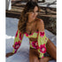 Fashion High Waist Bikini New Long Sleeve Swimsuit Floral Long Sleeve Tie Side 2-Pieces Swimsuit Bathing Suit Swimwear  Off-Shoulder Swimwear Women Bubble Sleeve Bikinis Mesh Beach Wear