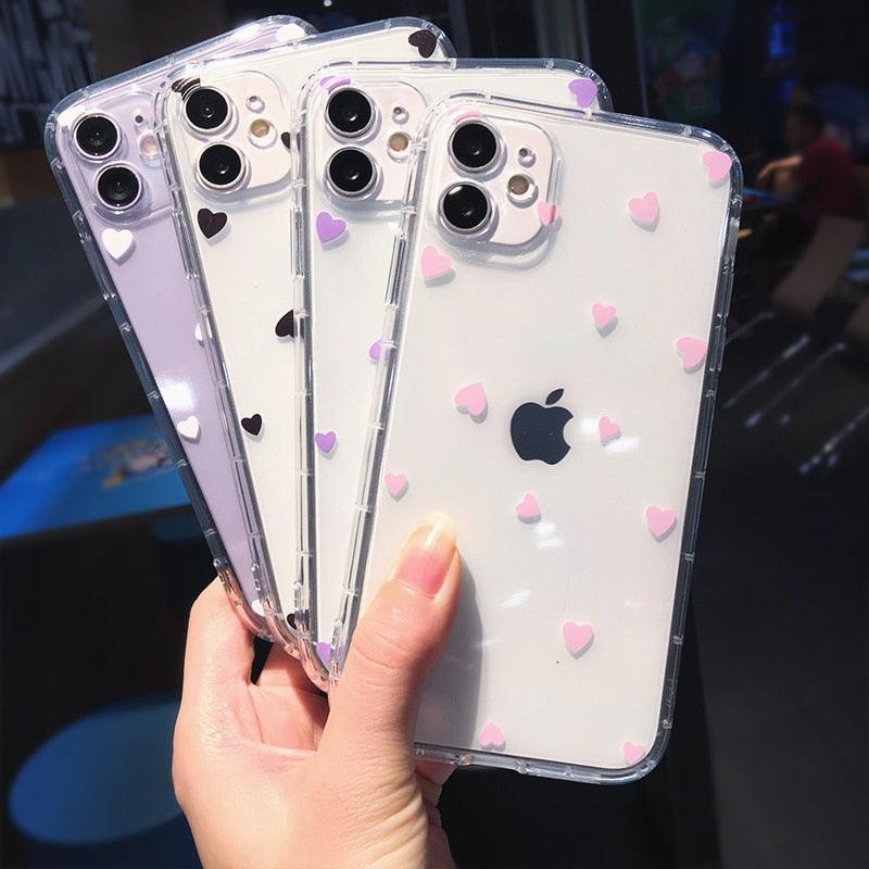 Fashion Love Heart Transparent Soft Phone Case For iPhone 11 13 14 Pro MAX X XS XR 12 Mini 7 8 plus Aesthetic Transparent Cute Love Heart Case Full Camera Protection Soft Silicone Shockproof Case for iPhone