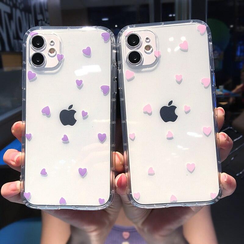 Fashion Love Heart Transparent Soft Phone Case For iPhone 11 13 14 Pro MAX X XS XR 12 Mini 7 8 plus Aesthetic Transparent Cute Love Heart Case Full Camera Protection Soft Silicone Shockproof Case for iPhone