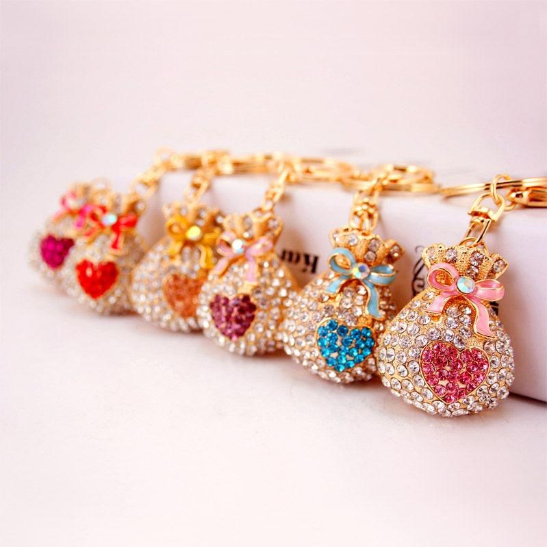 Fashion Lucky Bag Money Crystal Keychain Girl Bag Pendant Car Pendant Creative Small Gift Rhinestone Heart Shaped Sparkling Crystal Rhinestones Key Chain Creative Gifts Accessories